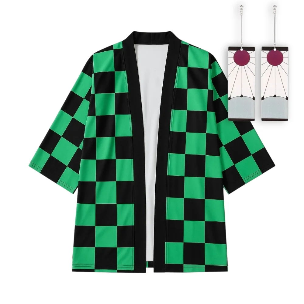 Demon Slayer Tanjiro Kamado Earrings & Kimono Robe Cosplay Set – (M/L & L/XL) - Picture 2 of 7
